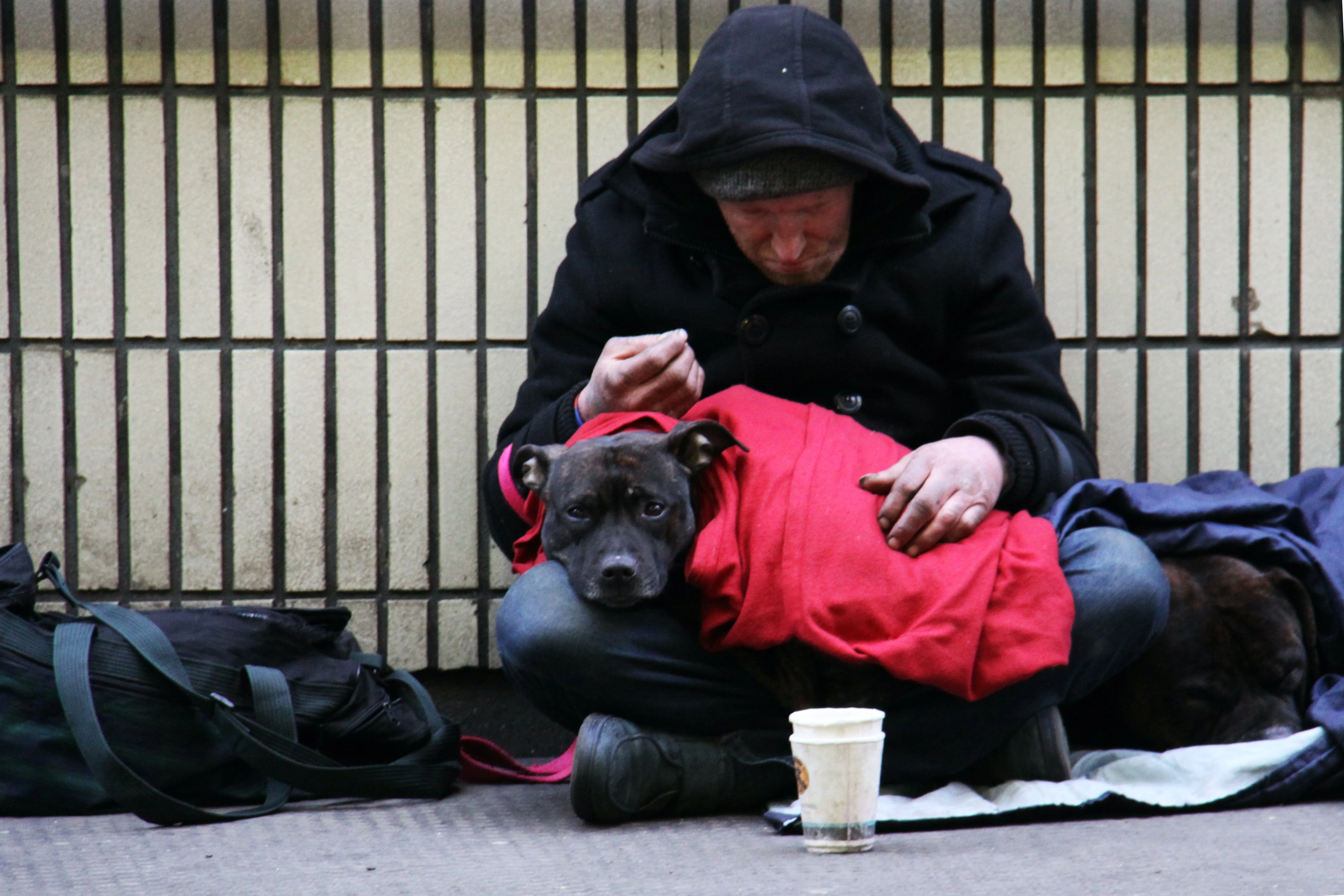 hajléktalan férfi a kutyájával